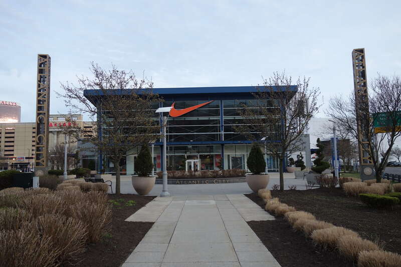 The Nike Factory Store at the south end of Columbus Plaza within the Tanger Outlets The Walk complex, at Arctic Avenue and Christopher Columbus Boulevard / Arkansas Avenue in Atlantic City, New Jersey. The store occupies what was once the southern