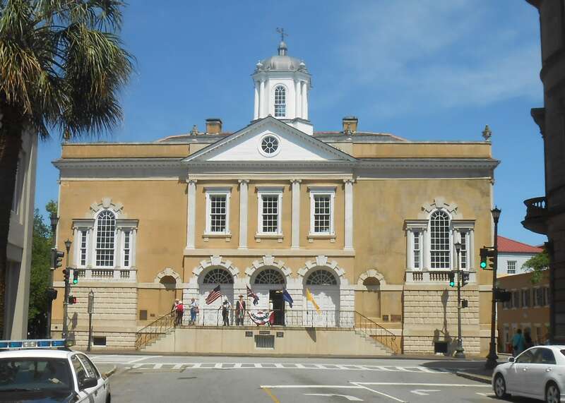 The Customs and Exchange House at the intersection of Broad St. and East Bay St. in Charleston, South Carolina.