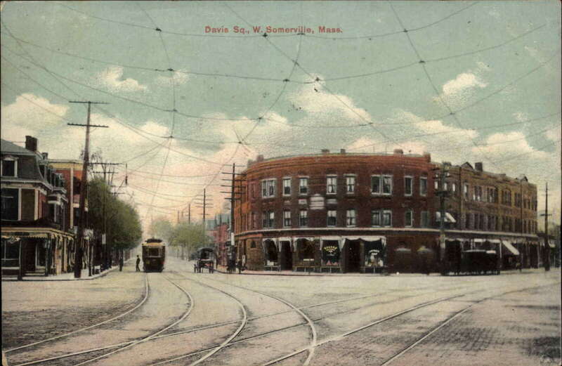 Divided back postcard of Davis Square, postmarked 1910. The view looks southeast, with a streetcar on Highland Avenue at left.