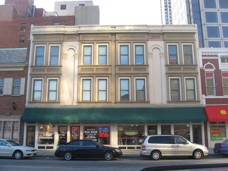 Front of the Delaware Flats, located at 120-128 N. Delaware Street in Indianapolis, Indiana, United States.  Built in 1887, it is listed on the National Register of Historic Places.