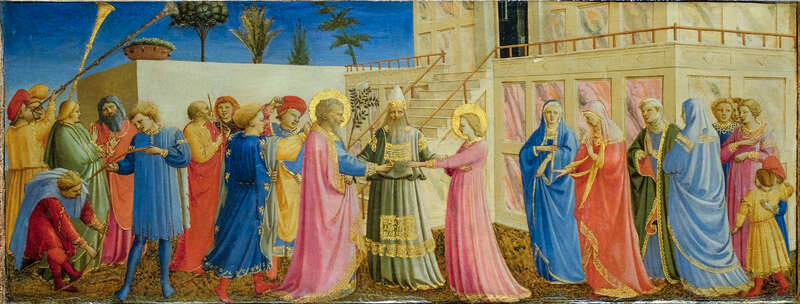 Based on a legend that the high priest told the eligible men to bring a rod to the temple and the owner of the one that burst into bloom would be Mary's husband. The Holy Spirit in the form of the dove lands on the rod.