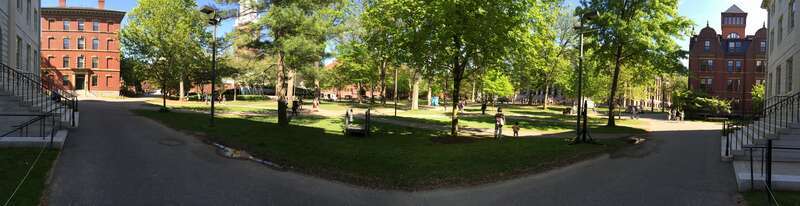A panoramic view of Harvard Yard. May 20, 2014.