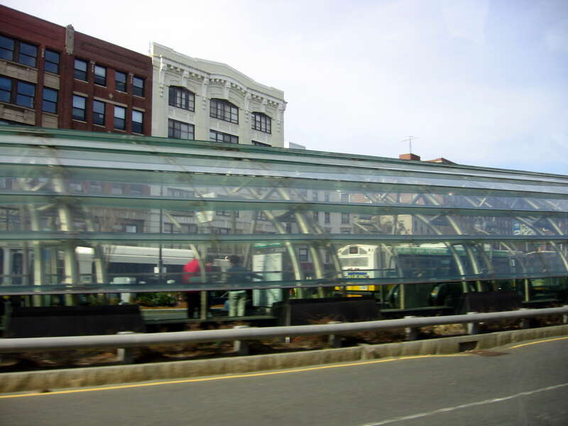 Looking north at the bus shelter at Kenmore from Commonwealth Avenue.