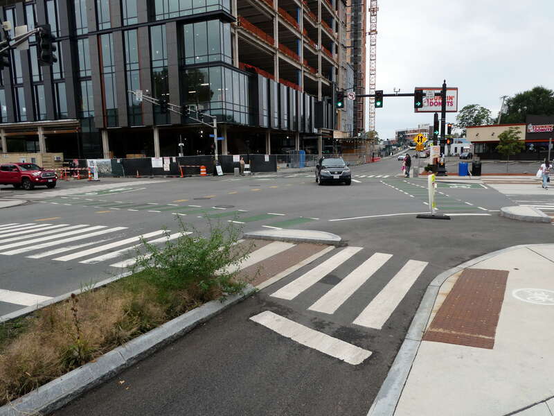 A partial protected intersection in Union Square, Somerville, seen in September 2022