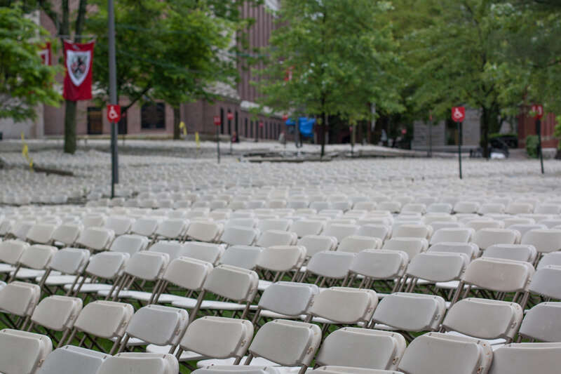 Day 144.
Harvard's Commencement is tomorrow, so campus will be a nightmare. For the past few days, tents have been going up, and yesterday afternoon this sea of chairs sprang up. I got this shot early this morning while walking to work.

Taken May
