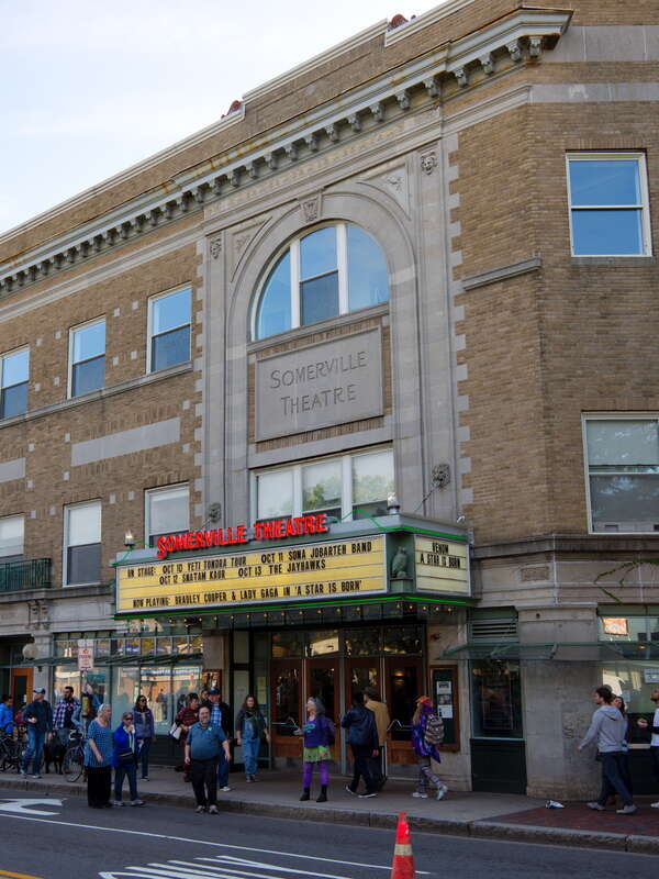 The entrance of the Somerville Theatre in Somerville, MA.
