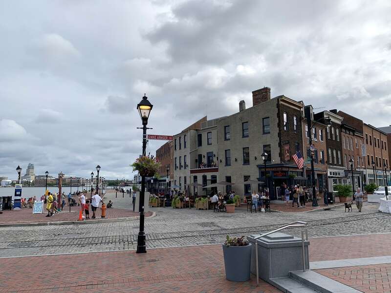 Intersection of South Broadway and Thames Streets in Fell's Point, Baltimore, Maryland.