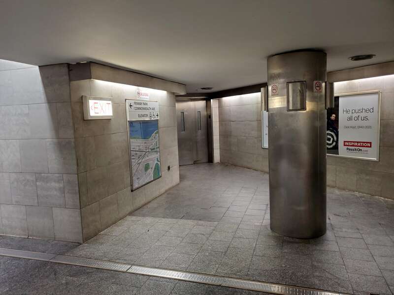 The south elevator at the mezzanine level of Kenmore station in July 2021