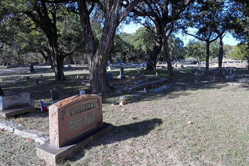 Grave marker for Pleasant and Amanda (nee Jackson) Wimberley, whose family gave the local community its name, inside The Century-Old Wimberley Cemetery