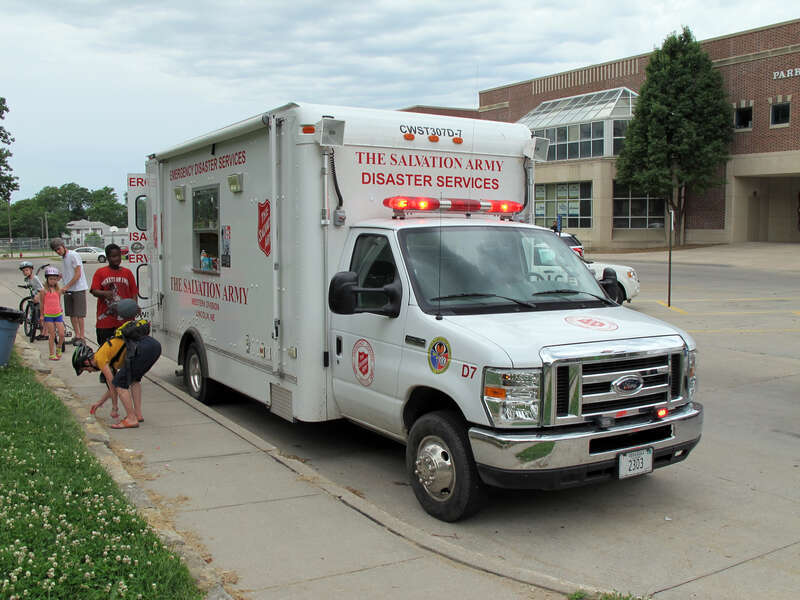 Photo of The Salvation Army of Lincoln Emergency Disaster Services mobile canteen (Western Division); as seen in the south parking lot of Park Middle School, 855 S. 8th Street in Lincoln, Nebraska.
