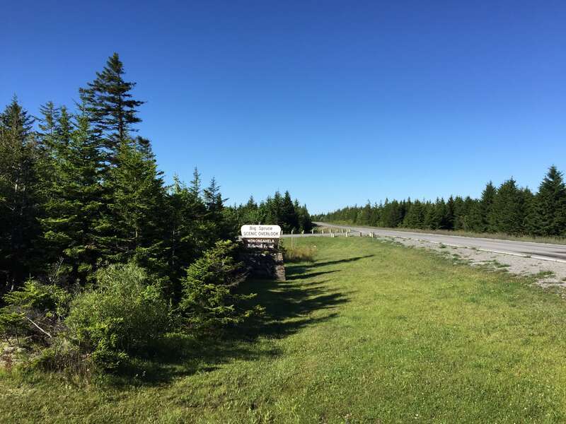Sign for the Big Spruce Scenic Overlook along West Virginia State Route 150 (Highland Scenic Highway) in western Pocahontas County, West Virginia