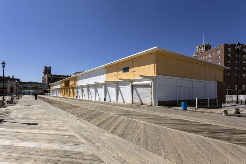 Boarded-up shops on the boardwalk at Asbury Park, New Jersey, USA