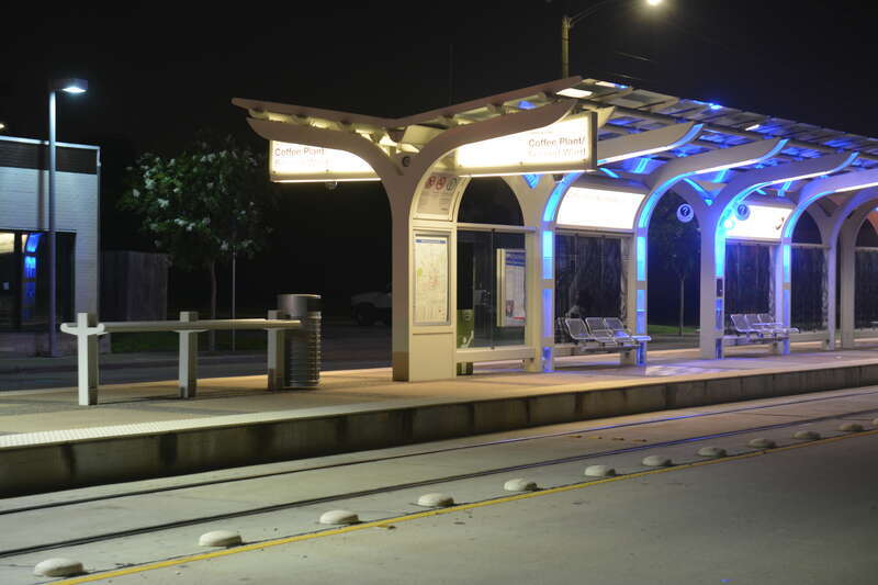 Coffee Plant Second Ward Rail Station. From the north side of Harrisburg St, zoomed in.