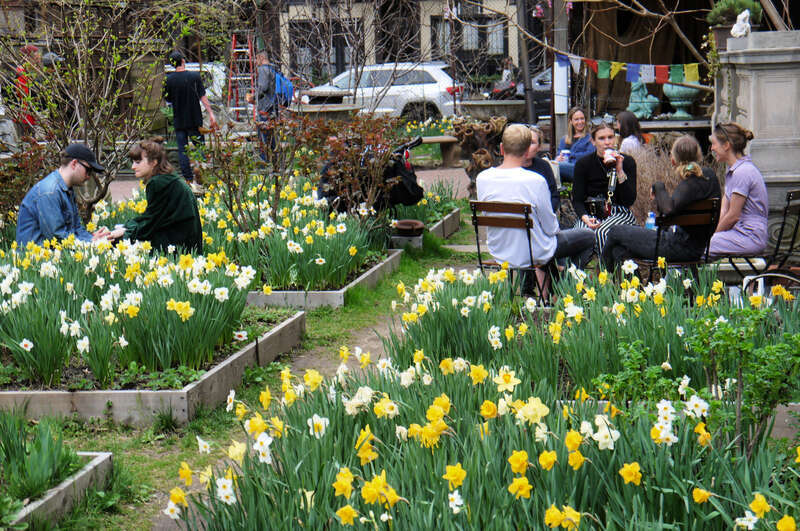 People sitting among the flowerbeds at the Elizabeth Street Garden in 2019.