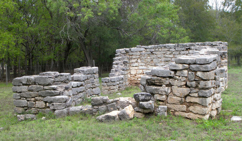 The ruins of the Thomas McKinney's horse trainers cabin located in McKinney Falls State Park in Austin, Texas, United States. The two room cabin was built in the early 1850s for John Van Hagen. He was in charge of McKinney's thoroughbred horses until