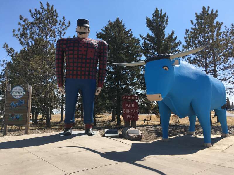 Paul Bunyan and Babe the Blue Ox stand near the south shore of Lake Bemidji.