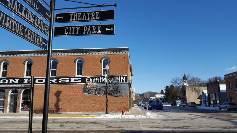 Main Street in Lanesboro, Minnesota, includes fanciful and colorful signs and building murals.