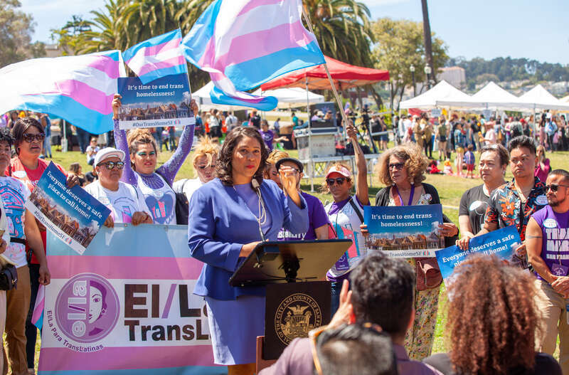San Francisco mayor London Breed speaks at a press conference at the 2019 San Francisco Trans March.