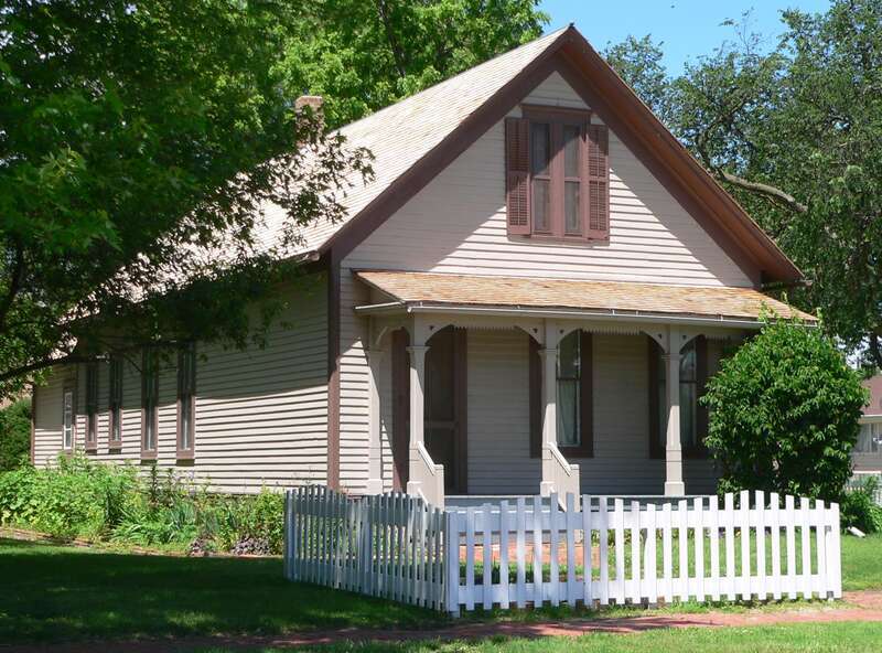 Willa Cather House on the southwest corner of 3rd Avenue and Cedar Street in Red Cloud, Nebraska; seen from the southeast.  Built ca. 1878, it was Cather's home from 1884 to 1890.  It is listed in the National Register of Historic Places.
