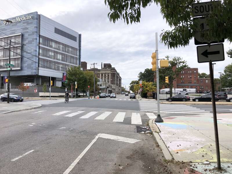 View south along U.S. Route 13 (Powelton Avenue) just north of North 38th Street in Philadelphia, Pennsylvania
