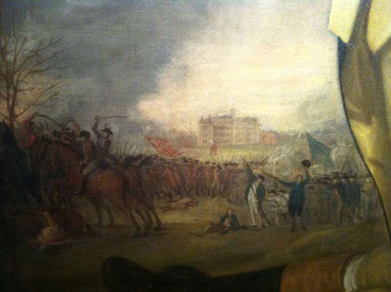 Battle of Princeton as depicted in the lower left corner of the Charles Wilson Peale (1741-1827) painting of George Washington. Peale fought in the battle. The painting depicts Nassau Hall which is part of Princeton University in Princeton, New