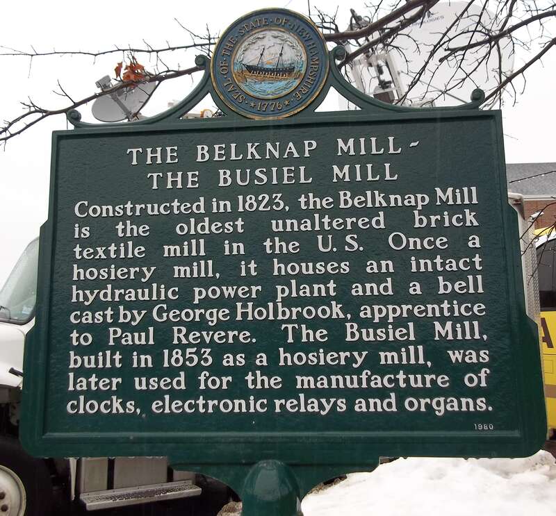 Belknap Mill historical marker in downtown Laconia, New Hampshire.