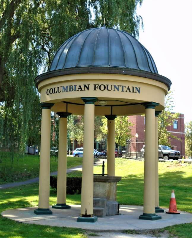 The Columbian Fountain in Congress Park, Saratoga Springs, New York features the waters of George Putnam's Columbian Spring (1806). The domed pavilion is a modern reproduction of the original early-19th century Greek structure. (Source: [1])
