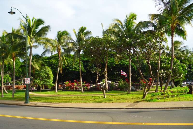 Small park area at the corner of Kalakaua Ave. &amp;amp; Kapahulu Ave., Honolulu, HI, USA