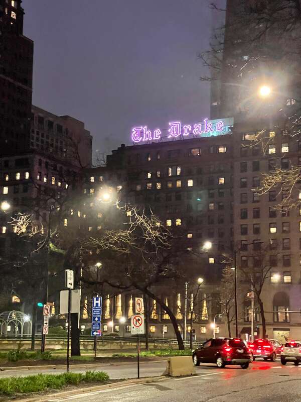 The pink neon sign marks &quot;The Drake,&quot; Chicago, Illinois.