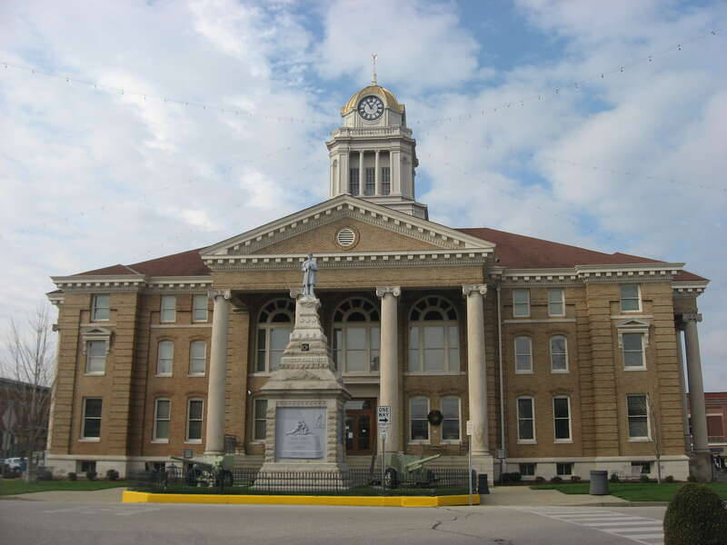 Eastern side of the Dubois County Courthouse, located on Courthouse Square in downtown Jasper, Indiana, United States.  Built Between 1909-1911, it is listed on the National Register of Historic Places.