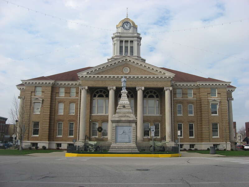 Eastern side of the Dubois County Courthouse, located on Courthouse Square in downtown Jasper, Indiana, United States.  Built between 1909-1911, it is listed on the National Register of Historic Places.