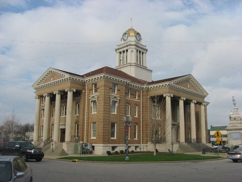 Southern and eastern sides of the Dubois County Courthouse, located on Courthouse Square in downtown Jasper, Indiana, United States.  Built between 1909-1911, it is listed on the National Register of Historic Places.