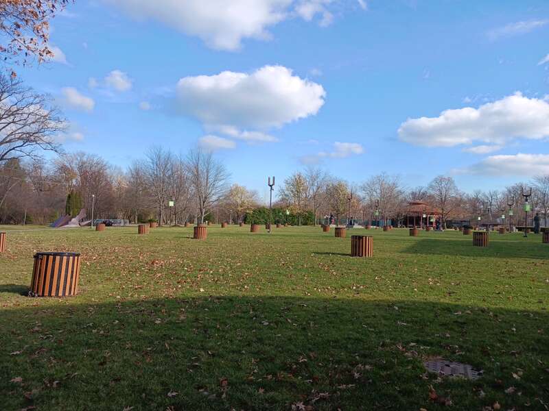 Here we just see these mysterious cylinders, in an empty Ravinia Park, with no concert goers this cold Monday, with no scheduled events, with only maintenance crews in the park.