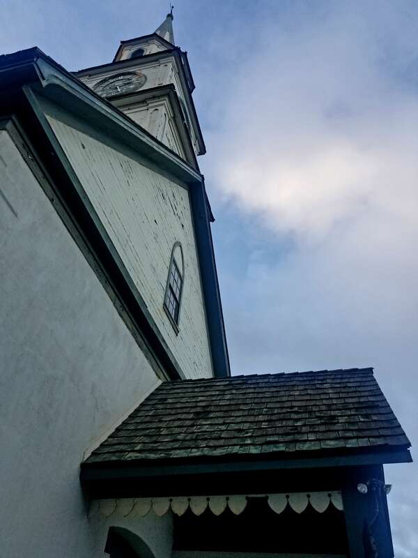 Ka'ahumanu Church is located in Wailuku town on the island of Maui in Hawai'i. This is a view of the church looking up at the clock.