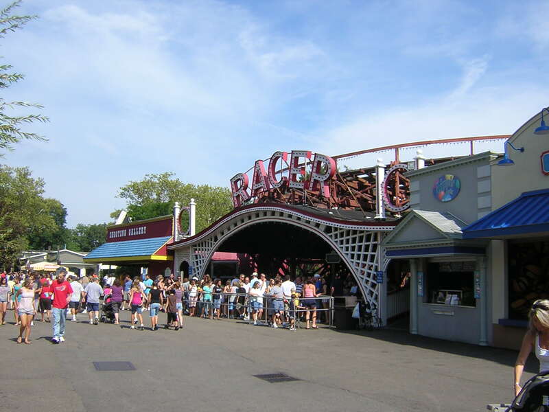 A scene from Kennywood, an amusement park located in West Mifflin, Pennsylvania on the Monongahela River.
This is a view of the Racer, a wooden roller coaster. It is a racing,  moebius loop coaster; one of only three in the world. The current Racer