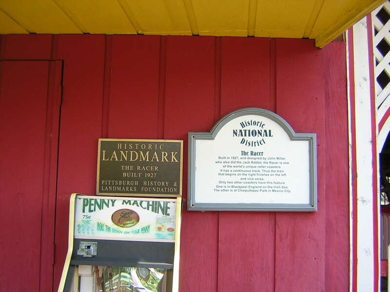 A scene from Kennywood, an amusement park located in West Mifflin, Pennsylvania on the Monongahela River.
This is a view of the Racer, a wooden roller coaster. It is a racing,  moebius loop coaster; one of only three in the world. The current Racer