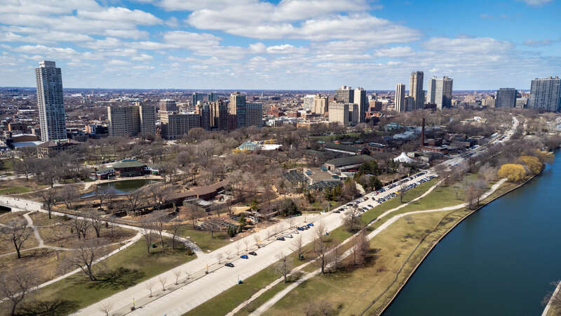 An aerial overview of Lincoln Park Zoo in Chicago, IL.