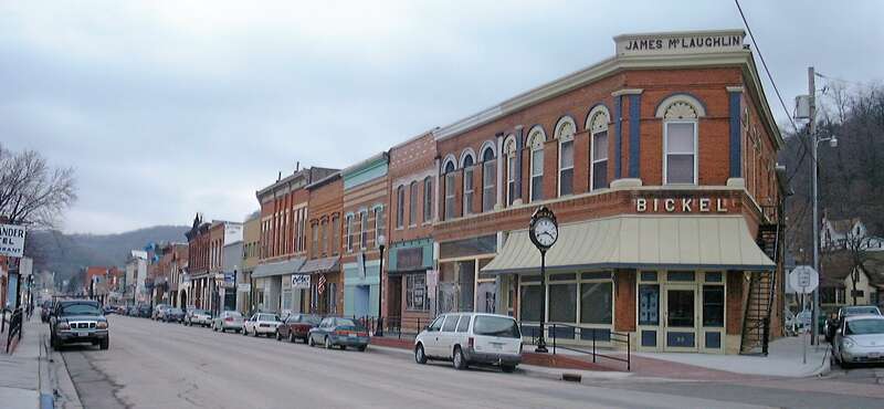 Downtown w:McGregor, Iowa.  The picture looks southward along Main St. from the A St. intersection.  This intersection is located at the center of the McGregor Commercial Historic District, which is listed on the National Register of Historic Places.