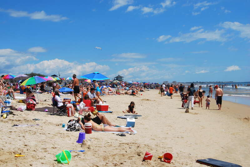 Beachgoers on Misquamicut Beach, Rhode Island.