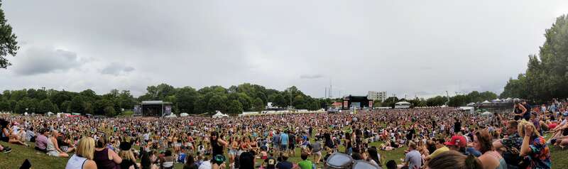 A panoramic view of the Great Southeast Music Stage and Salesforce Stage on the Piedmont Park Meadow during the afternoon of the second day of Music Midtown 2018.