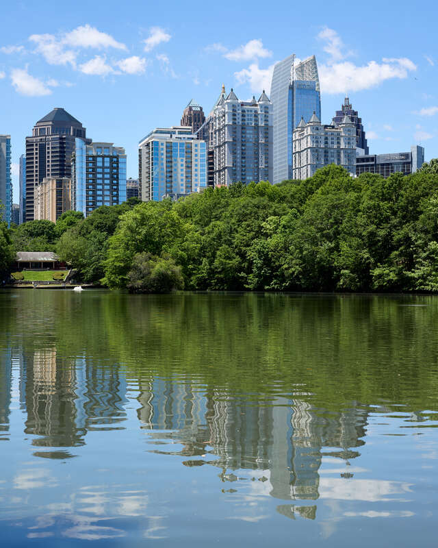 Piedmont Park’s Lake Clara Meer in Atlanta, Georgia, with the Midtown skyline in the background on May 1, 2024