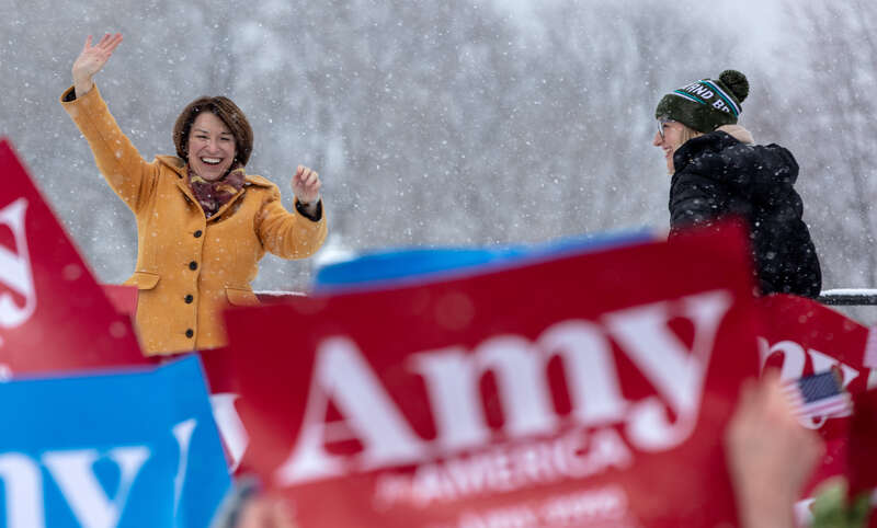 Senator Amy Klobuchar takes the stage to announce her bid for a president in 2020 at Boom Island Park in Minneapolis, Minnesota. Her daughter Abigail is to her left.