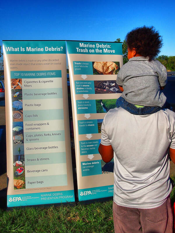 A man and his son read the EPA marine debris banners while passing through Anacostia Park in Washington, D.C. during the 2012 International Coastal Cleanup. 
During the 2011 ICC Day, nearly 600,000 registered volunteers removed over 9 million pounds