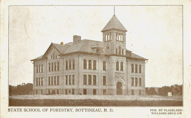 Postcard of State School of Forestry, Bottineau, North Dakota.  Image in public domain.  Postmark on reverse side is September 11, 1911