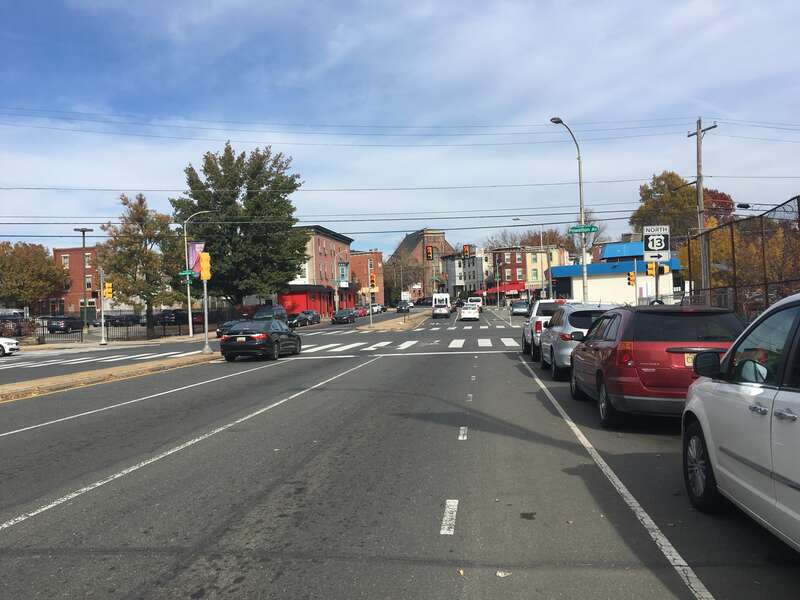 Northbound U.S. Route 13 (38th Street) approaching the intersection with Powelton Avenue, where the route makes a right turn onto Powelton Avenue, in Philadelphia, Pennsylvania