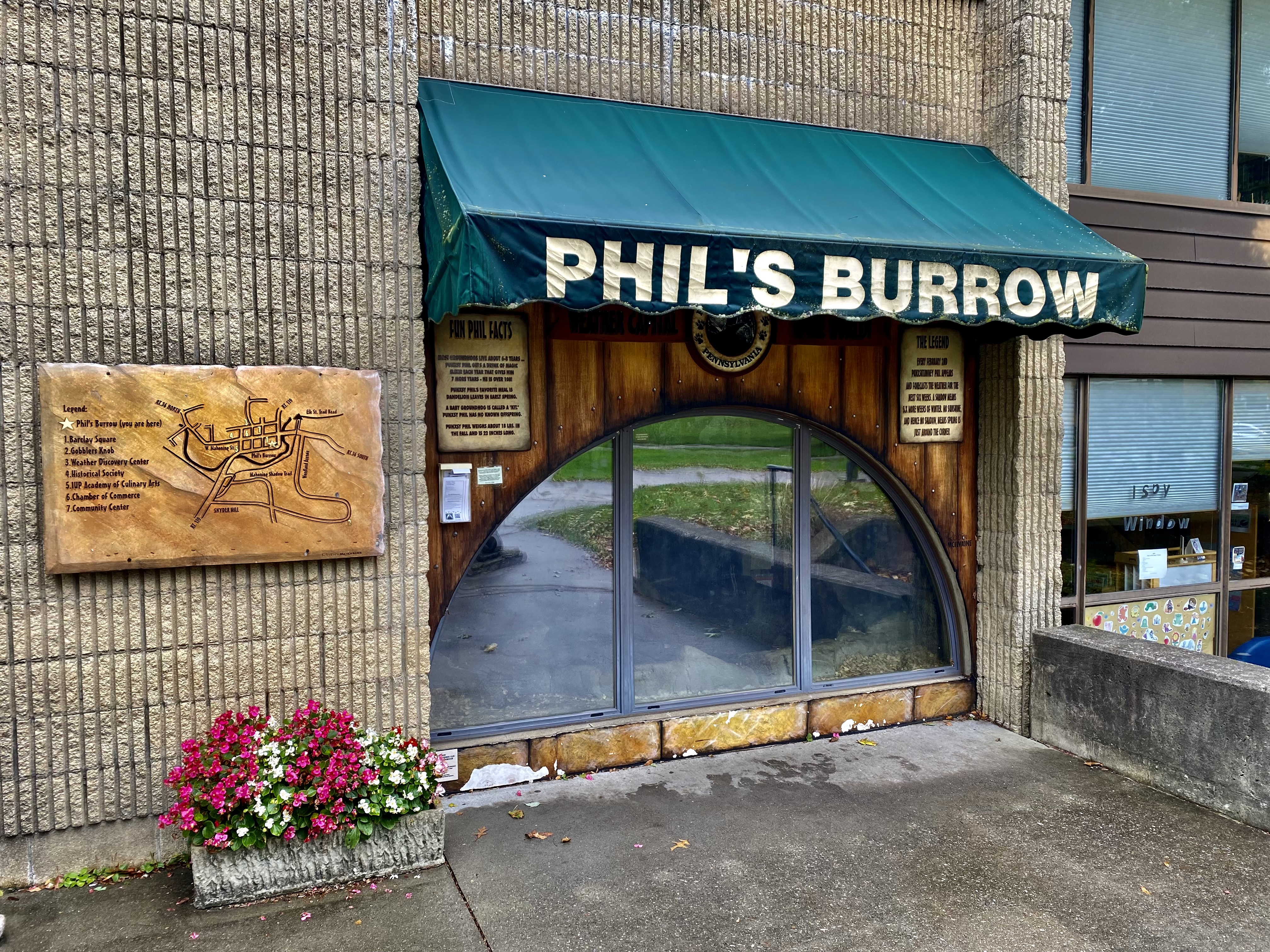When he's not attending to his annual duties at Gobbler's Knob, you'll find Punxsutawney, Pennsylvania's resident celebrity groundhog relaxing in &quot;Phil's Burrow&quot;, a glass-enclosed, climate-controlled terrarium built into the walls of the public