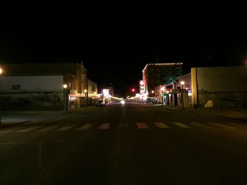 View east along Aultman Street (U.S. Route 50) at 4th Street in Ely, Nevada at night