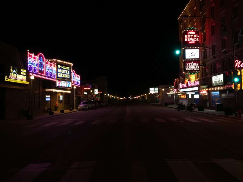 View east along Aultman Street (U.S. Route 50) at 5th Street in Ely, Nevada at night