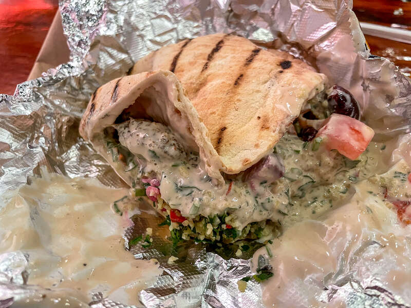 Manhattan sandwich at Mamoun's Falafel, Princeton. Falafel, hummus, baba ganouj, tabbouleh, pickles, pickled turnips, and olives. 