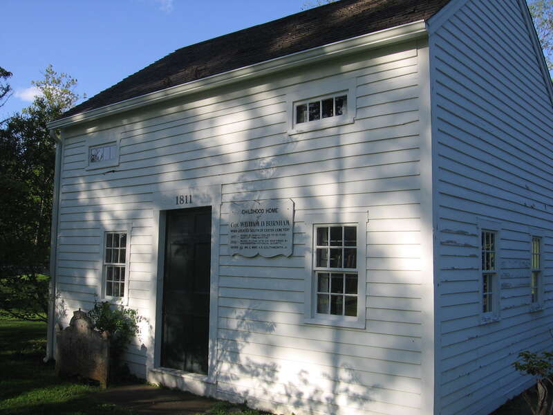 Captain William D. Burnham's boyhood home has been preserved in Bridgewater, Connecticut and sits adjacent to the Burnham Library that the captain helped to bequeath.  View is looking east-northeast.